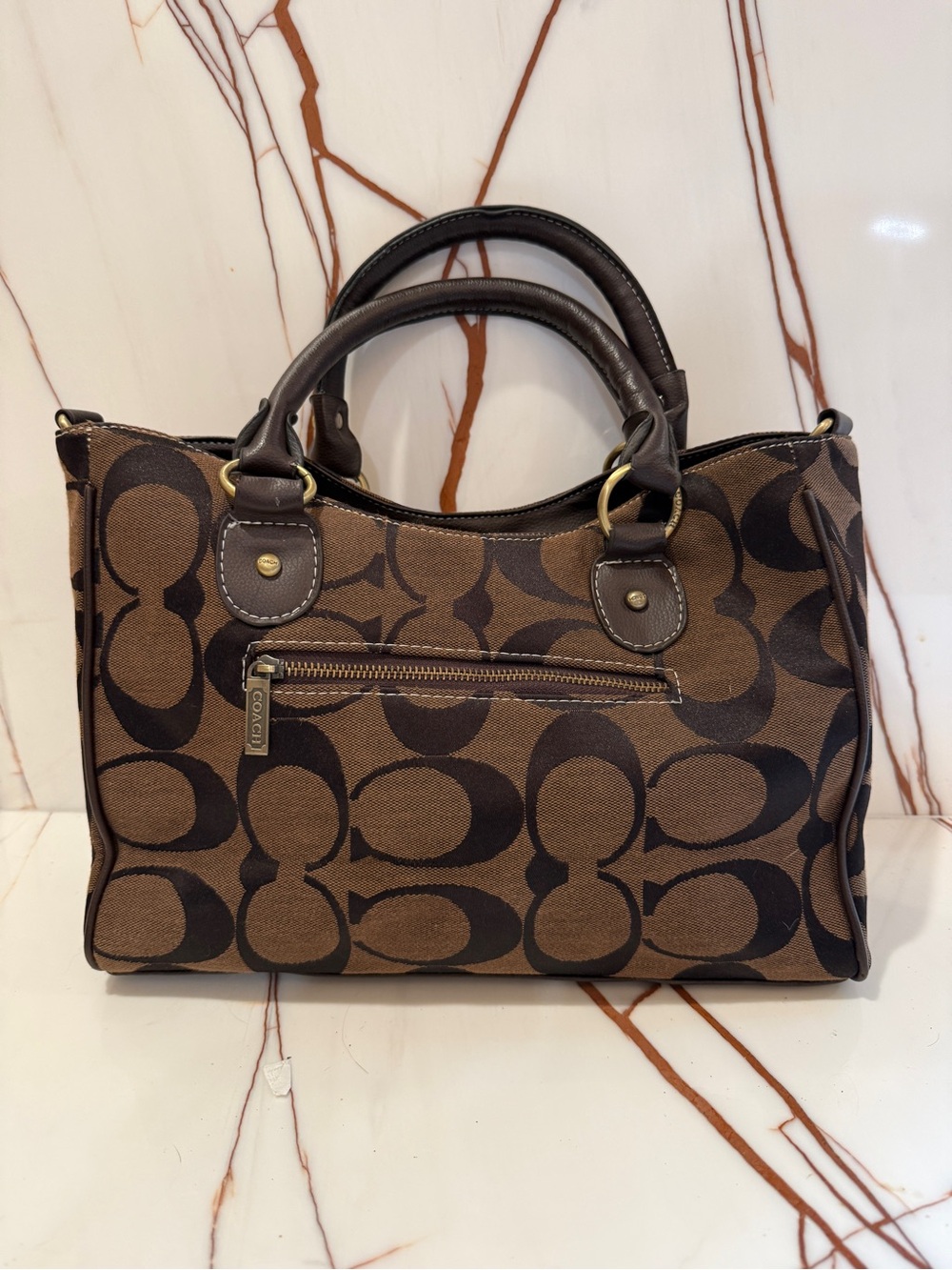 Coach Brown Signature Canvas Satchel with Dark Brown Trim